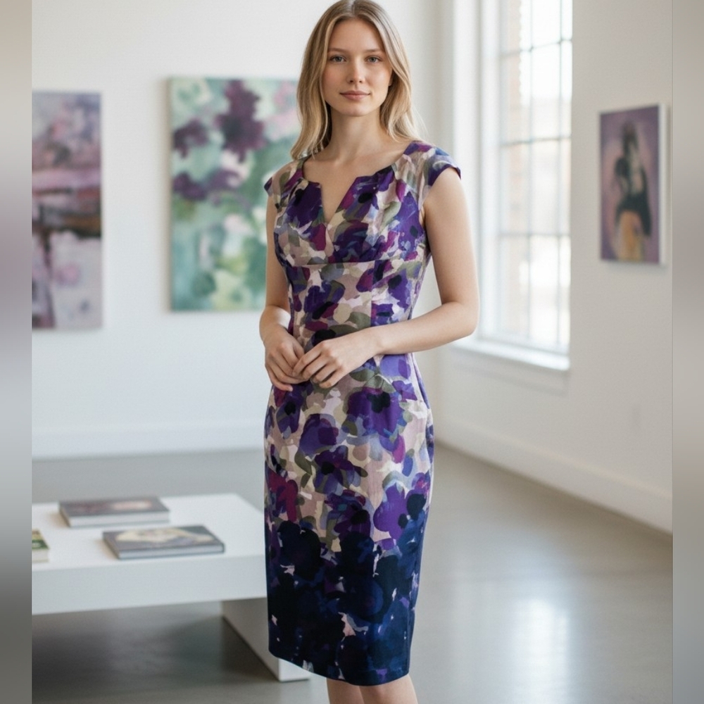 Adrianna Papell Watercolor Floral Sheath Brocade Dress Designer Euro Chic